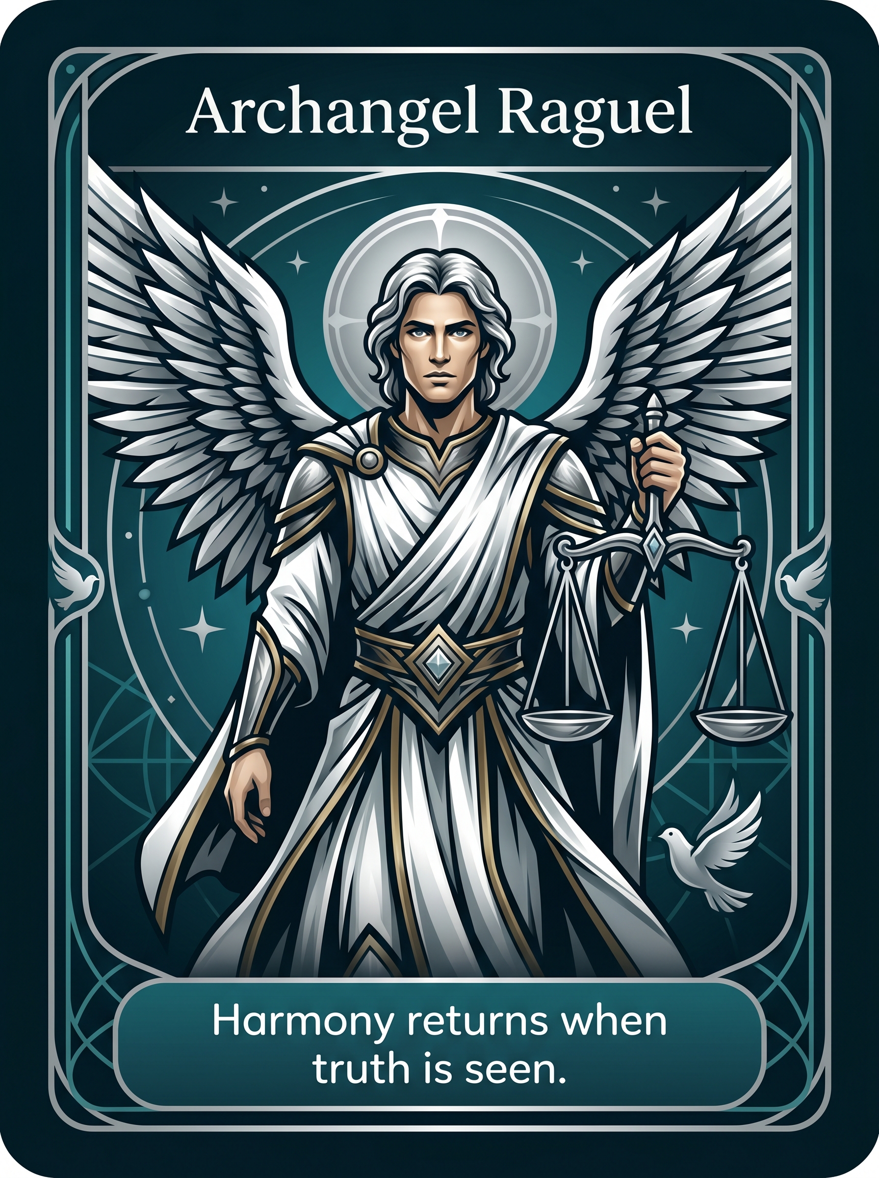 Engelenkaart Aartsengel Raguel — Harmony returns when truth is seen