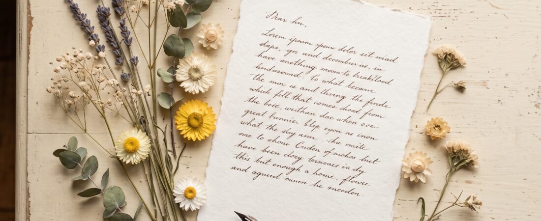 Handgeschreven brief met droogbloemen en inktpen — de taal van naam en getal
