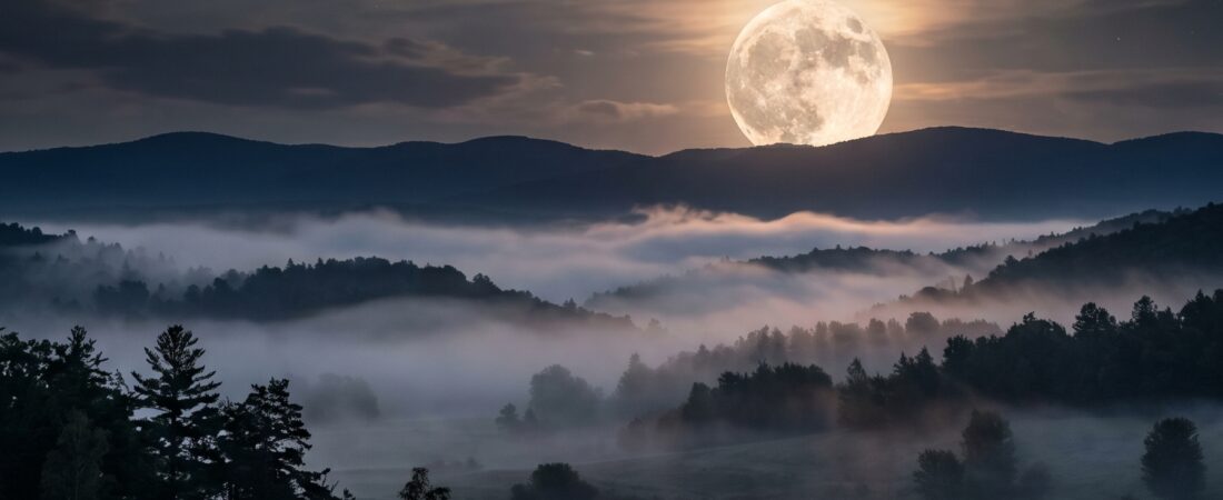 Volle maan boven een nachtelijk landschap
