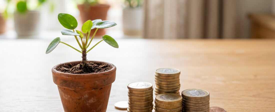 Jong plantje naast een stapel munten — groei en overvloed