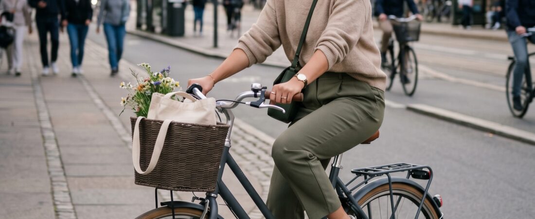 Vrouw fietst met bloemen door de stad — lichtheid en geluk
