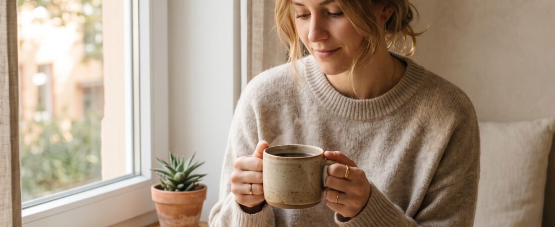Vrouw met thee bij het raam — een rustig dagritme