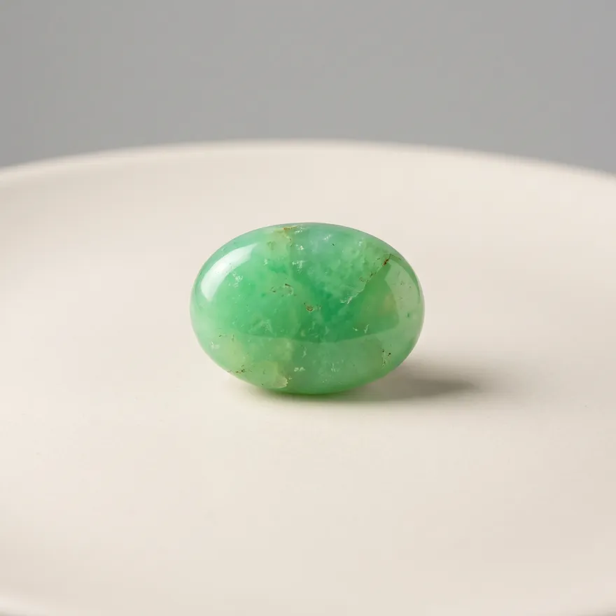 Gepolijste appeltgroene chrysopraas steen met heldere groene kleur op een lichte achtergrond