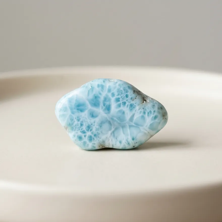 Gepolijste blauwe larimar edelsteen met wit wolk- en golfpatroon op donkere achtergrond
